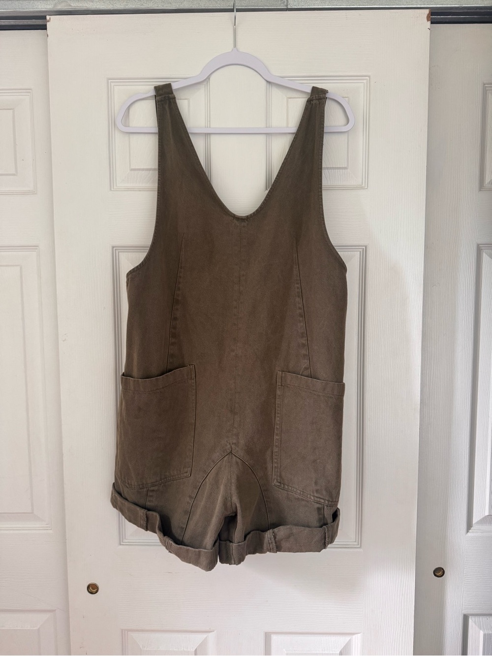 Casual Brown Short Denim Romper with Front Pockets